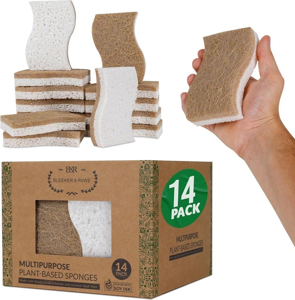 Plant-based sponges, stack and hand-held view.