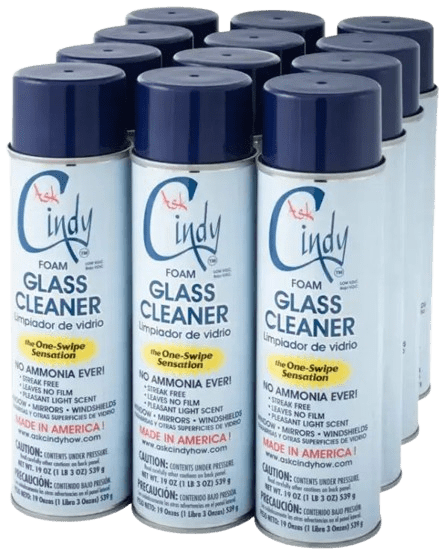 a case of twelve cans of ask cindy glass cleaner