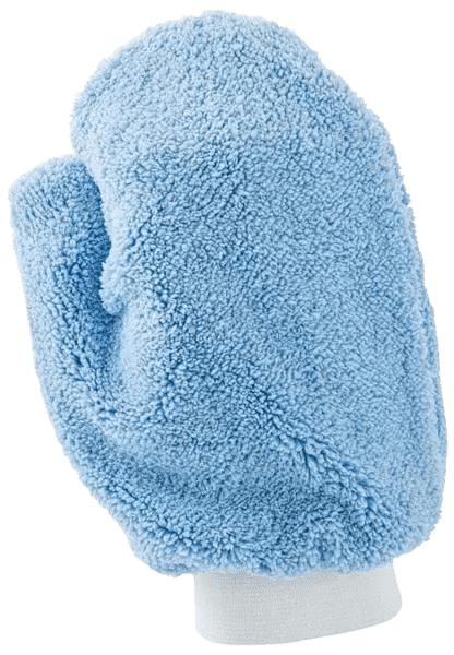 A plush microfiber blue cleaning mitt is shown with no background.